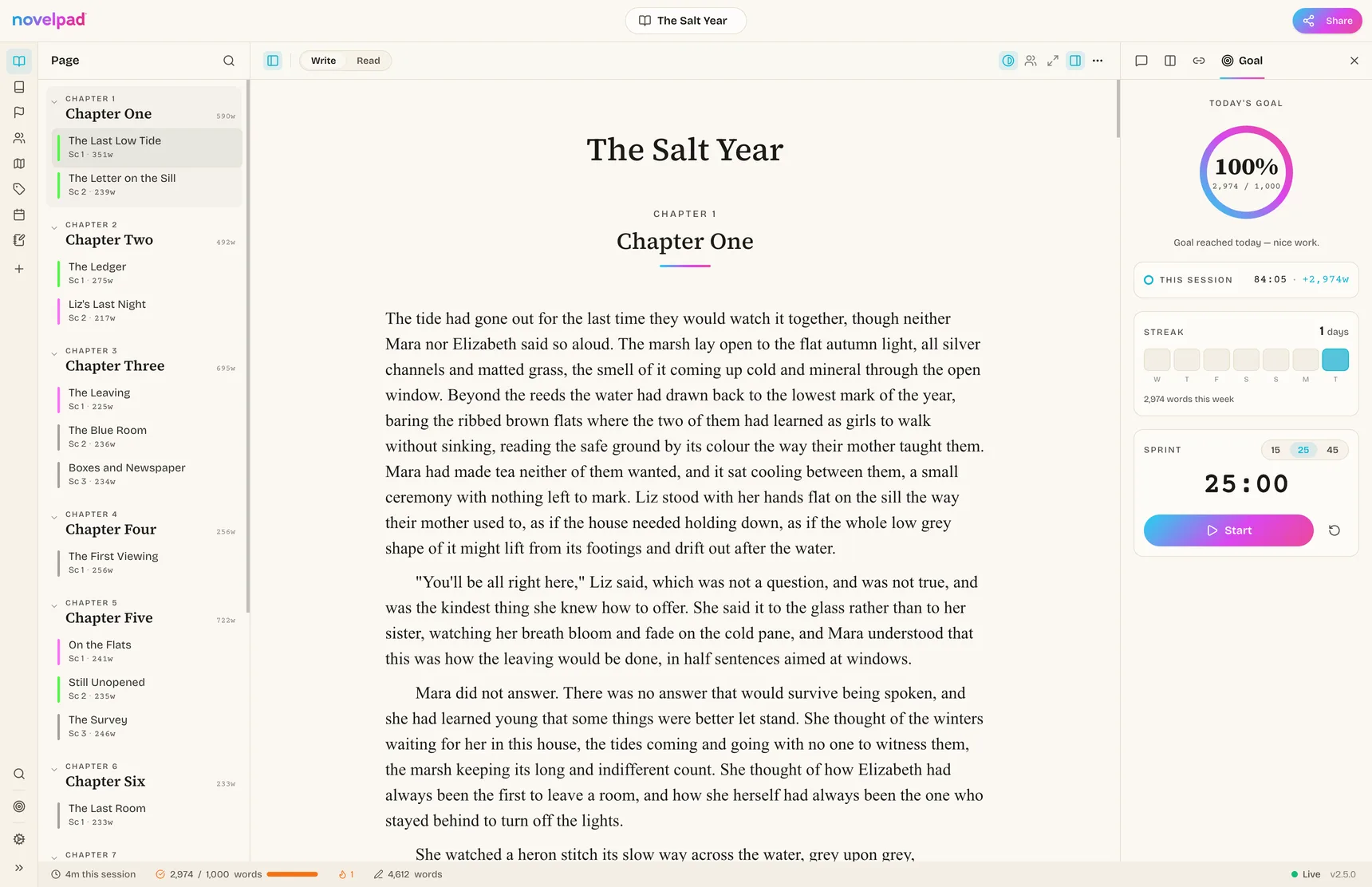 The NovelPad editor showing chapter one of a novel, with chapters in the sidebar and today's goal met